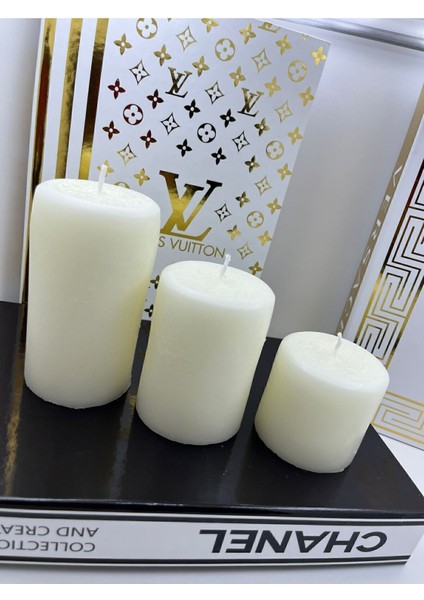 3'lü Beyaz Silindir Mum Seti, Dekoratif Baton ve Kütük Tasarımı, Vanilya Aroması