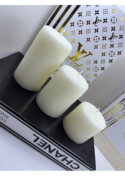 3'lü Beyaz Silindir Mum Seti, Dekoratif Baton ve Kütük Tasarımı, Vanilya Aroması modelleri