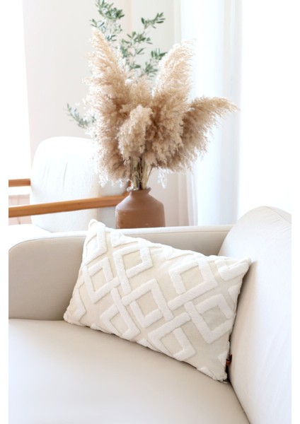 Ekru Bohem tasarımlı dikdörtgen dekoratif kırlent kılıfı, pamuklu, şık ve özel detaylı