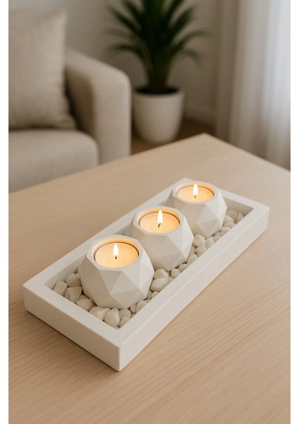 Beyaz beton mumluk ve tealight dekorasyon seti, şık ve modern hediye seçeneği