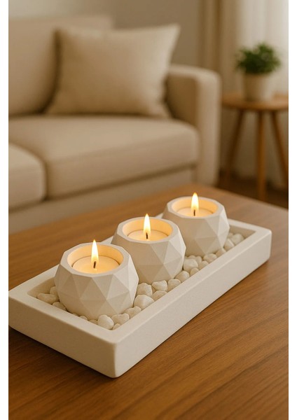 Beyaz beton mumluk ve tealight dekorasyon seti, şık ve modern hediye seçeneği