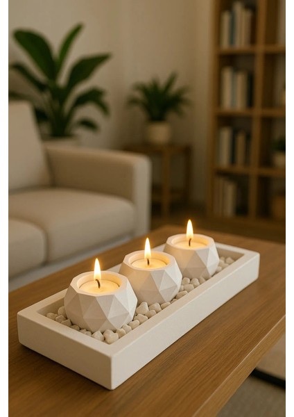 Beyaz beton mumluk ve tealight dekorasyon seti, şık ve modern hediye seçeneği