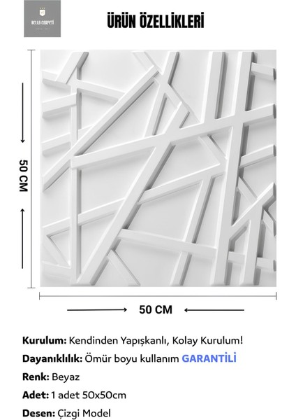 3D Beyaz PVC Duvar Paneli, 50x50cm, Kendinden Yapışkanlı, Modern Tasarım