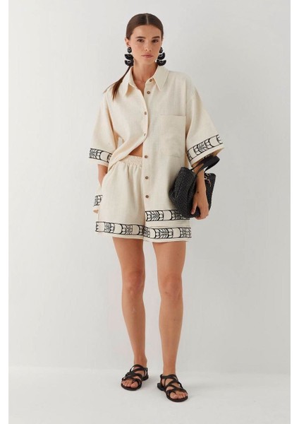 Kadın Krem Keten Etnik Desen Detaylı Kısa Kollu Gömlek Şort Takım fiyatları