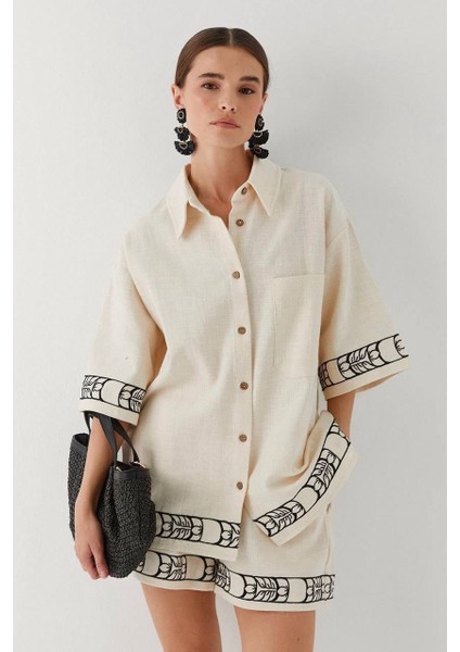 Kadın Krem Keten Etnik Desen Detaylı Kısa Kollu Gömlek Şort Takım modelleri