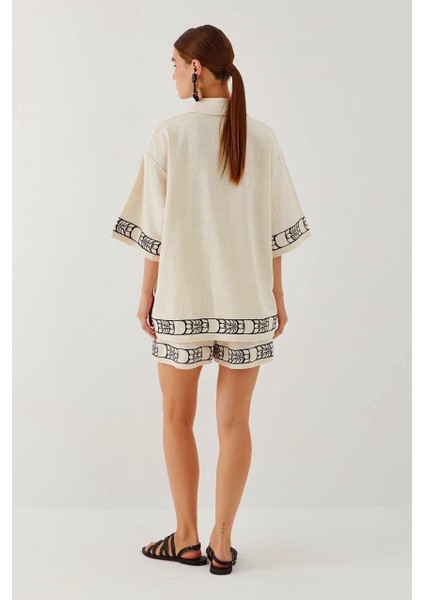 Kadın Krem Keten Etnik Desen Detaylı Kısa Kollu Gömlek Şort Takım fırsatları
