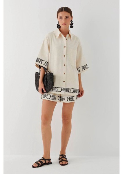 Kadın Krem Keten Etnik Desen Detaylı Kısa Kollu Gömlek Şort Takım indirimleri