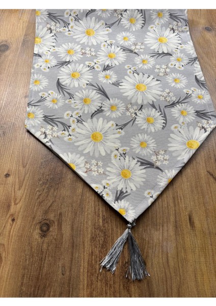 Gri Papatya Desenli Keten Masa Örtüsü, 40x140 cm, Su Geçirmez, Kirlenmez, Yuvarlak