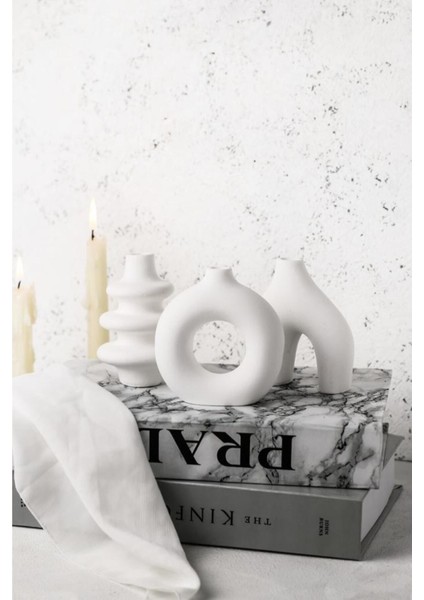 Minimal beyaz 3'lü dekoratif vazo seti, şık ve zarif ev aksesuarı