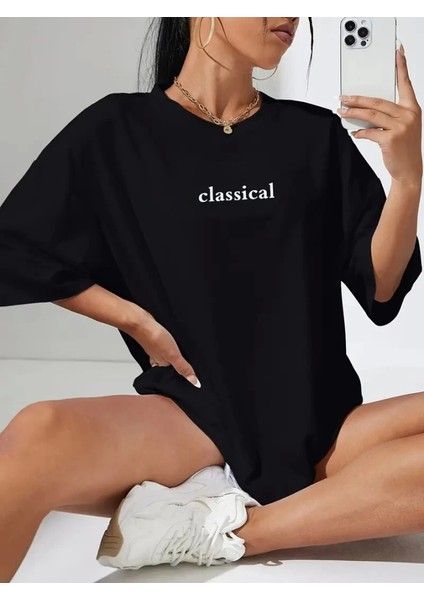 Baskılı Oversize Bisiklet Yaka T-Shirt - Siyah