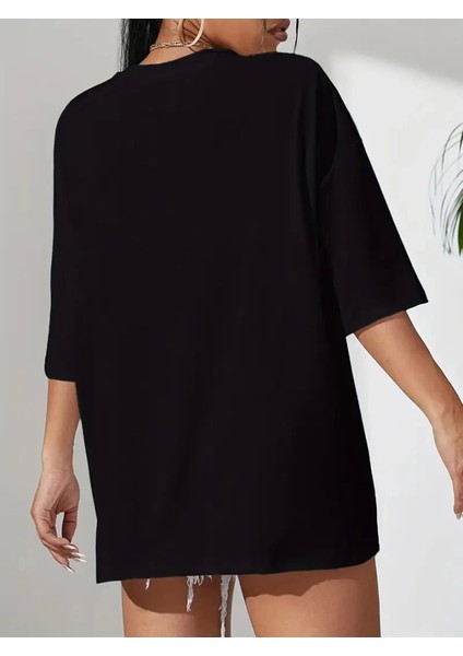 Baskılı Oversize Bisiklet Yaka T-Shirt - Siyah fırsatları
