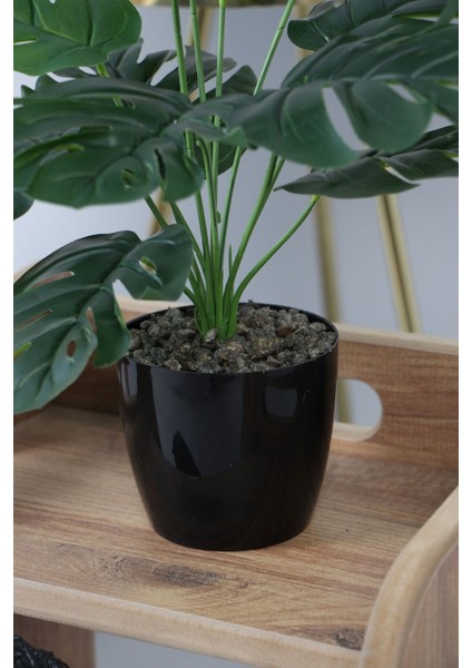 Siyah saksıda 45 cm yapay devetabanı (monstera) bitkisi, doğal görünüm, yeşil renk