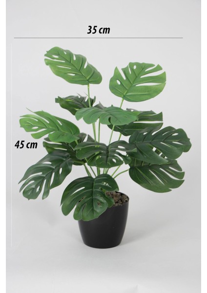 Siyah saksıda 45 cm yapay devetabanı (monstera) bitkisi, doğal görünüm, yeşil renk