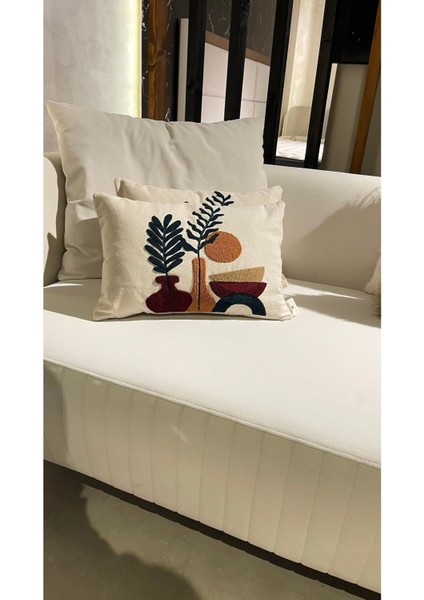 Doğal pamuklu keten nakışlı 30x50 cm kırlent kılıfı, ekru, şık ve rahat kullanım