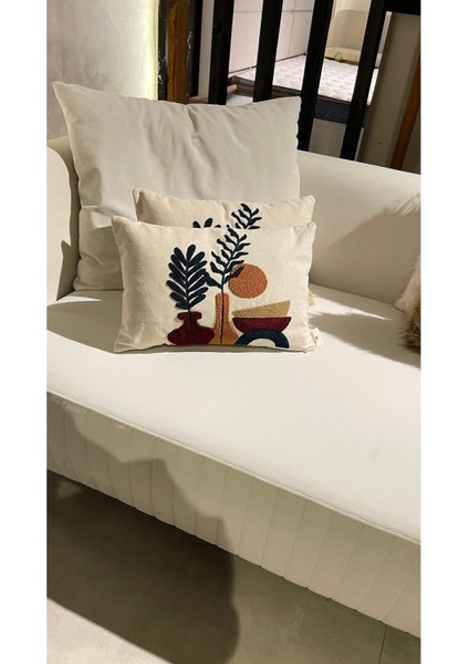 Doğal pamuklu keten nakışlı 30x50 cm kırlent kılıfı, ekru, şık ve rahat kullanım fiyatları