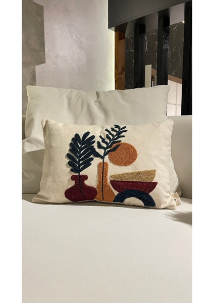 Doğal pamuklu keten nakışlı 30x50 cm kırlent kılıfı, ekru, şık ve rahat kullanım modelleri