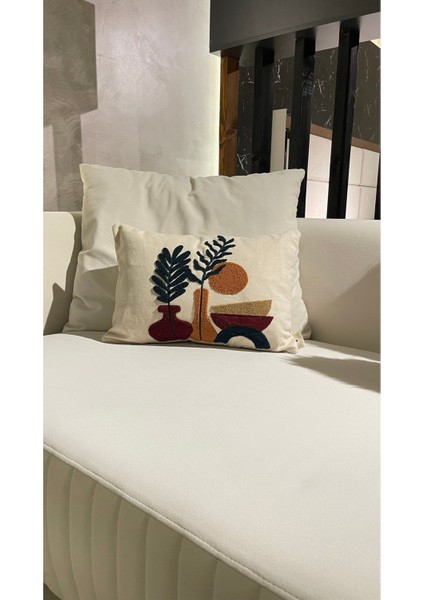 Doğal pamuklu keten nakışlı 30x50 cm kırlent kılıfı, ekru, şık ve rahat kullanım fırsatları