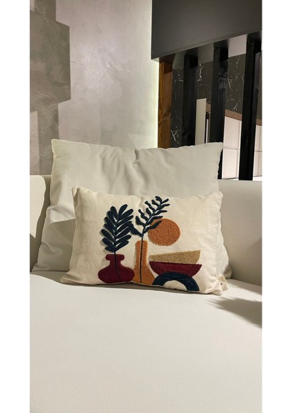 Doğal pamuklu keten nakışlı 30x50 cm kırlent kılıfı, ekru, şık ve rahat kullanım indirimleri