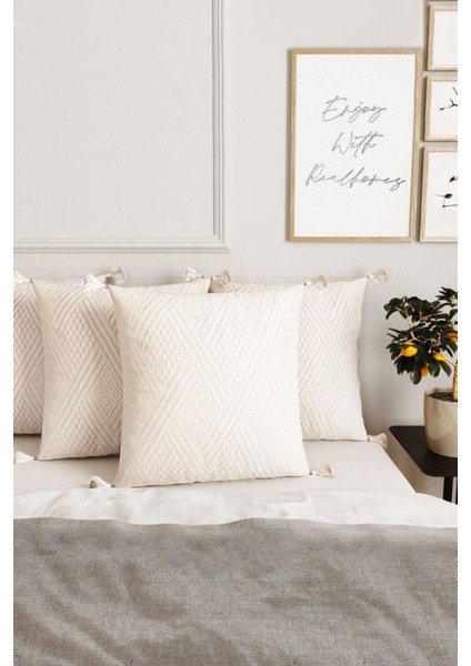 4'lü Elişi Bej Kırlent Kılıfı, Organik Pamuk, Püsküllü, Otantik Tasarım fiyatları