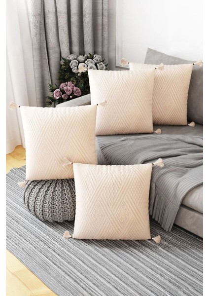 4'lü Elişi Bej Kırlent Kılıfı, Organik Pamuk, Püsküllü, Otantik Tasarım modelleri