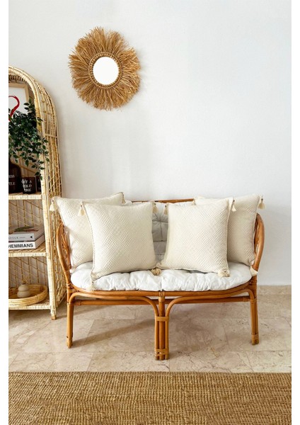 4'lü Elişi Bej Kırlent Kılıfı, Organik Pamuk, Püsküllü, Otantik Tasarım fırsatları