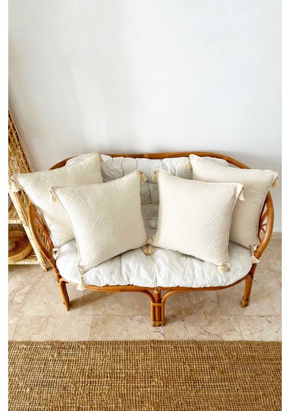 4'lü Elişi Bej Kırlent Kılıfı, Organik Pamuk, Püsküllü, Otantik Tasarım indirimleri