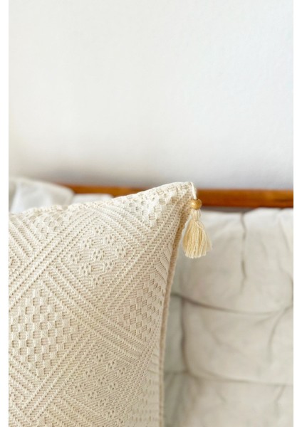 4'lü Elişi Bej Kırlent Kılıfı, Organik Pamuk, Püsküllü, Otantik Tasarım