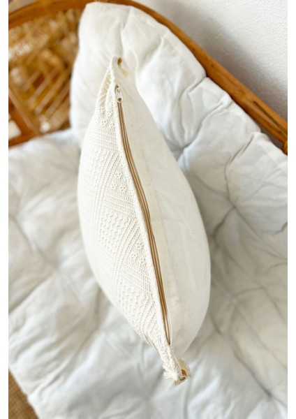 4'lü Elişi Bej Kırlent Kılıfı, Organik Pamuk, Püsküllü, Otantik Tasarım