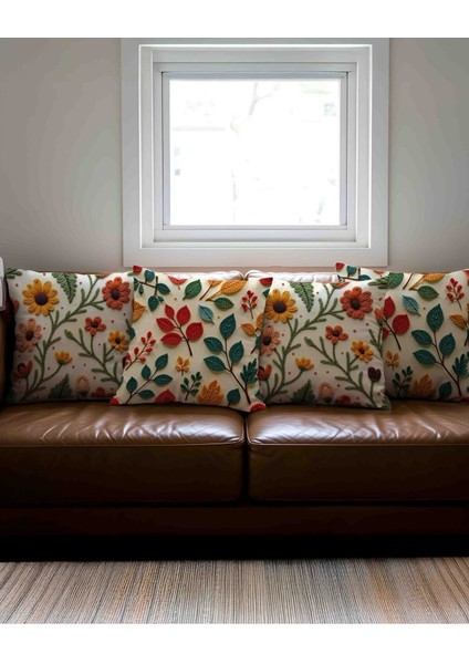 Renkli Sonbahar Temalı 4'lü Kadife Dijital Baskılı Kırlent Kılıf Takımı