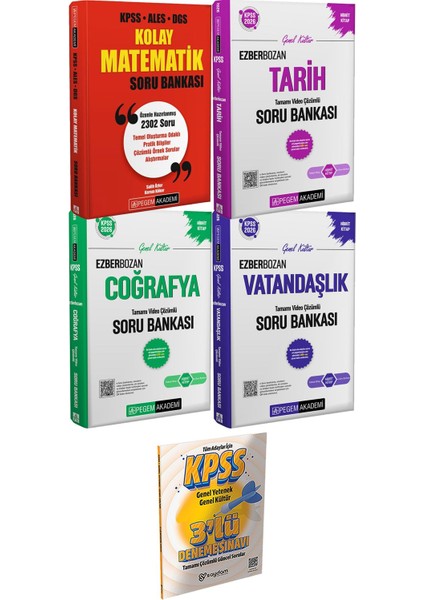 Kolay Matematik Soru Bankası - 2026 Kpss Genel Yetenek Genel Kültür Ezberbozan Tarih Coğrafya Vatandaşlık Tamamı Video Çözümlü Soru Bankası + 3 Deneme Hediye