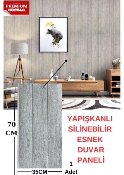 Gri Ahşap Desenli Kendinden Yapışkanlı Sünger Panel 70x35cm, 3D Renkli Dekorasyon Parçası
