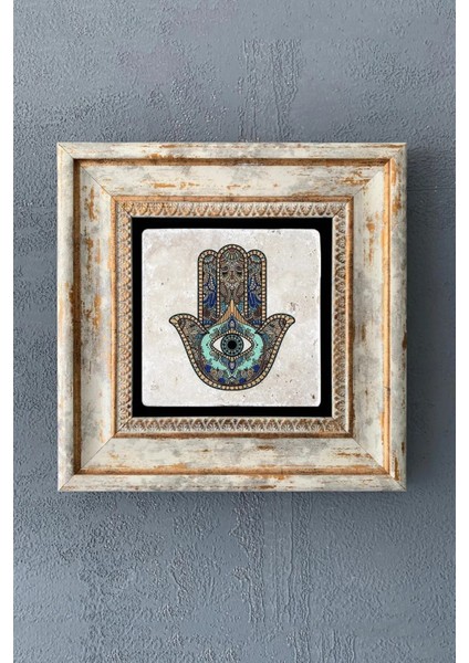 20x20 cm Taş Çerçeveli Eli Figürlü Estetik Duvar Dekoru, Ahşap, Beyaz, 1 Parça