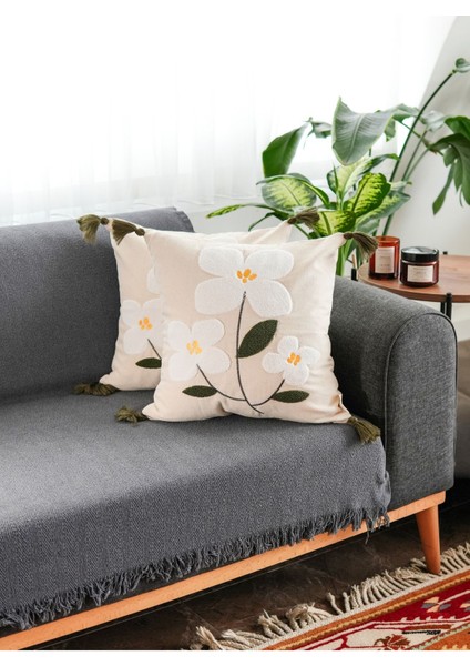 Çiçekli püsküllü keten dekoratif kırlent kılıfı 43x43cm, şık ve rahat tasarım fiyatları