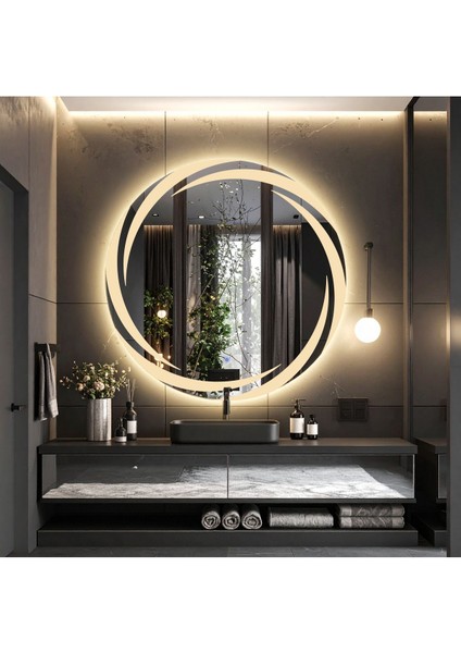 Dokunmatik sensörlü, ışıklı, lazer detaylı, cam banyo aynası, sarı renk, 1 parça