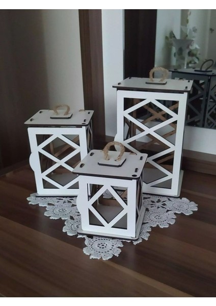 3'lü Mini Ahşap Dekoratif Fener Seti, Beyaz, Şık ve Şirin Tasarım, 9.5x9.5 cm