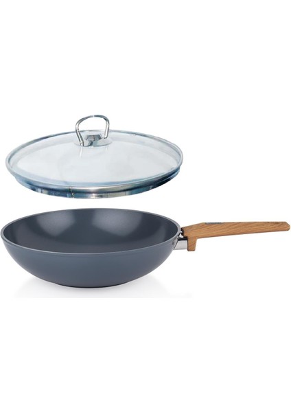Seramik Wok Tava 28 cm Yanmaz Yapışmaz Yüzey Cam Kapaklı
