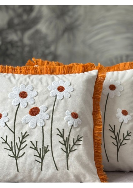 Turuncu işlemeli saçaklı kırlent kılıfı 43x43cm, şık ve rahat dekor seçeneği fiyatları