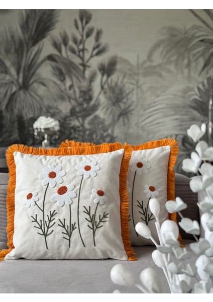 Turuncu işlemeli saçaklı kırlent kılıfı 43x43cm, şık ve rahat dekor seçeneği fırsatları