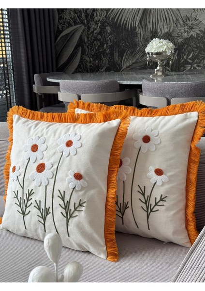 Turuncu işlemeli saçaklı kırlent kılıfı 43x43cm, şık ve rahat dekor seçeneği indirimleri