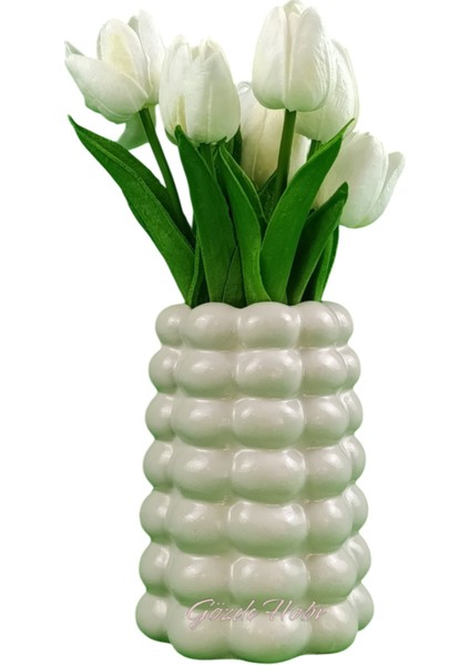 Baloncuklu Bej Krem Vazo, Kuru Çiçek ve Pampas Dekor, 19 cm, Beton Materyal