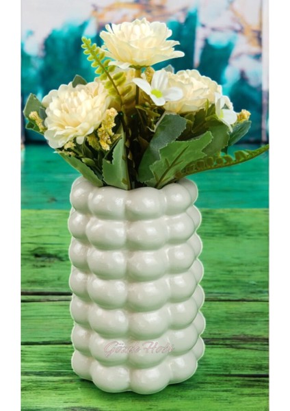 Baloncuklu Bej Krem Vazo, Kuru Çiçek ve Pampas Dekor, 19 cm, Beton Materyal indirimleri