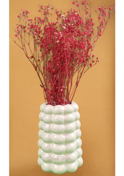 Baloncuklu Bej Krem Vazo, Kuru Çiçek ve Pampas Dekor, 19 cm, Beton Materyal