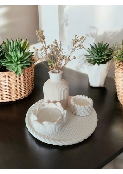 Şık Beyaz Seramik Set, Vanilya Kokusu, Mumluk ve Vazo Tasarımı, Aromalı, Renk: Beyaz