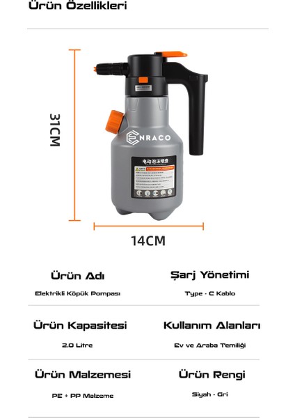 Şarjlı Otomatik Köpük Pompası 2 Litre Yüksek Basınçlı Araç Yıkama Köpük Püskürtücü El Pompası