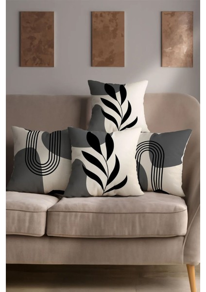 Gri krem kadife baskılı 4'lü kırlent yastık kılıfı seti