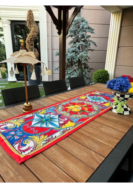 Kırmızı portföyino, limon desenli dikdörtgen tasarım, polyester, 50x150 ölçü