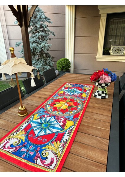 Kırmızı portföyino, limon desenli dikdörtgen tasarım, polyester, 50x150 ölçü