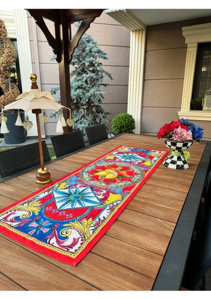 Kırmızı portföyino, limon desenli dikdörtgen tasarım, polyester, 50x150 ölçü