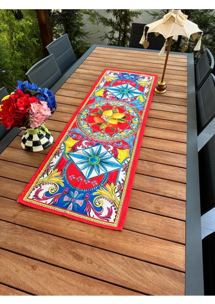 Kırmızı portföyino, limon desenli dikdörtgen tasarım, polyester, 50x150 ölçü