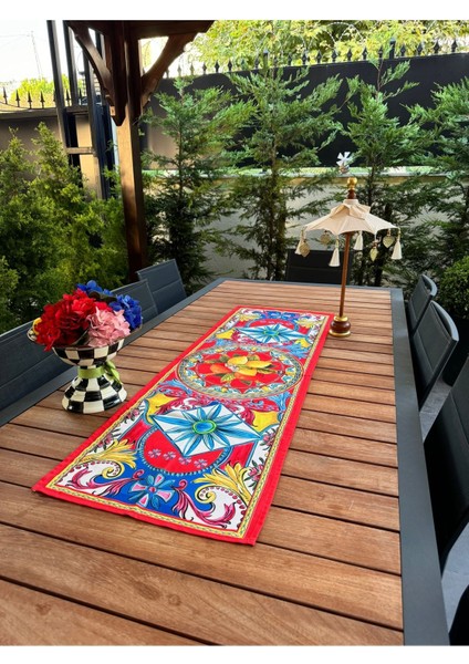 Kırmızı portföyino, limon desenli dikdörtgen tasarım, polyester, 50x150 ölçü